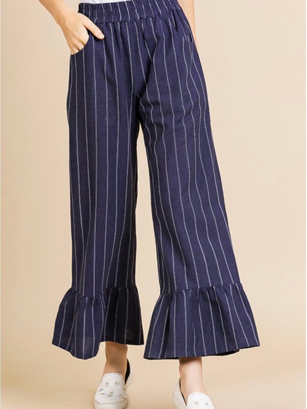 Umgee Navy Pinstripe Ruffle-Hem Cropped Wide Leg Pants Cotton Linen Blend L